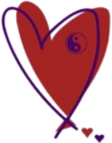 A red heart with purple and blue writing on it.