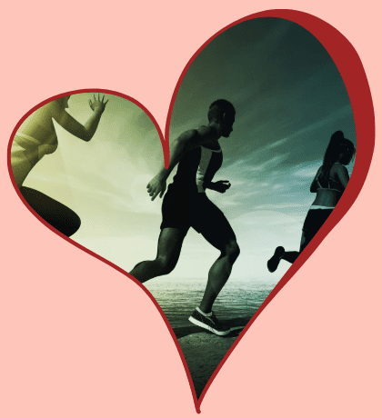 People running inside a heart-shaped frame.
