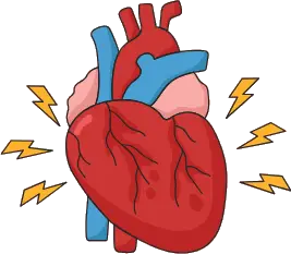 Cartoon anatomical heart with lightning bolts