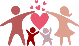 Cartoon family holding a large pink heart